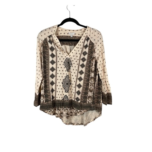 Lucky Brand Tops - Lucky Brand Boho Print Peasant Blouse Size L Beige Black Long Sleeve Cotton